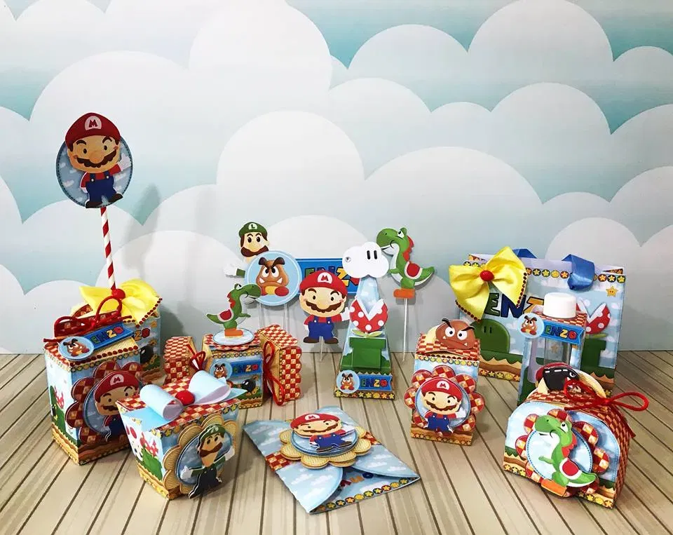 Conjunto de arquivos digitais tema Super Mario para decoração para imprimir e recortar nos formatos Studio, PNG e PDF.