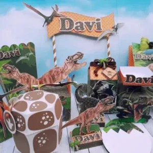 Moldes digitais de decoração tema T-Rex nos formatos Studio e PDF para impressão de alta resolução e personalizados de festas de aniversário.
