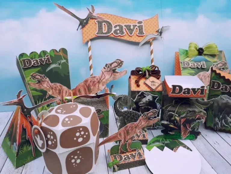 Moldes digitais de decoração tema T-Rex nos formatos Studio e PDF para impressão de alta resolução e personalizados de festas de aniversário.