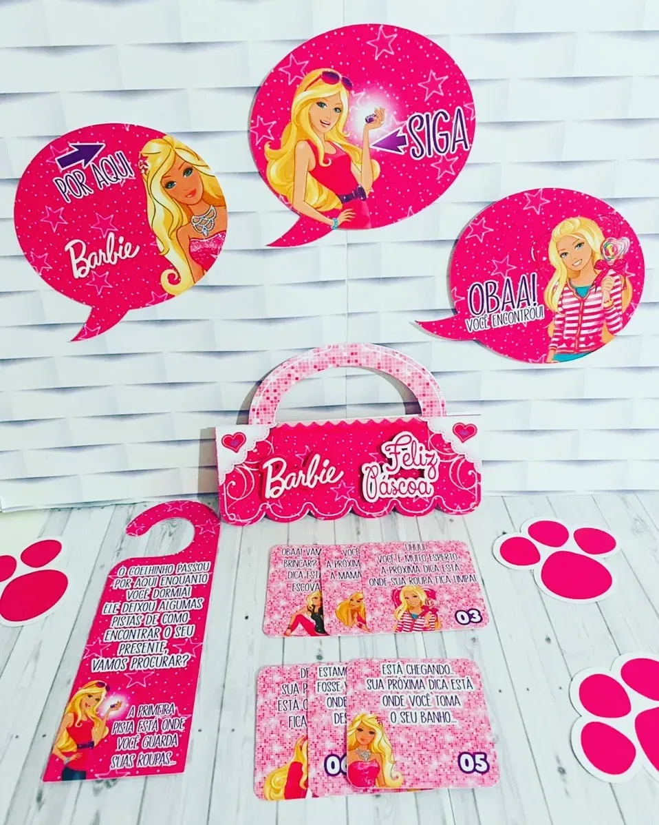 Arquivo para topo de bolo e embalagens de Páscoa Barbie nos formatos Studio e PDF, pronto para imprimir e recortar na Silhouette.