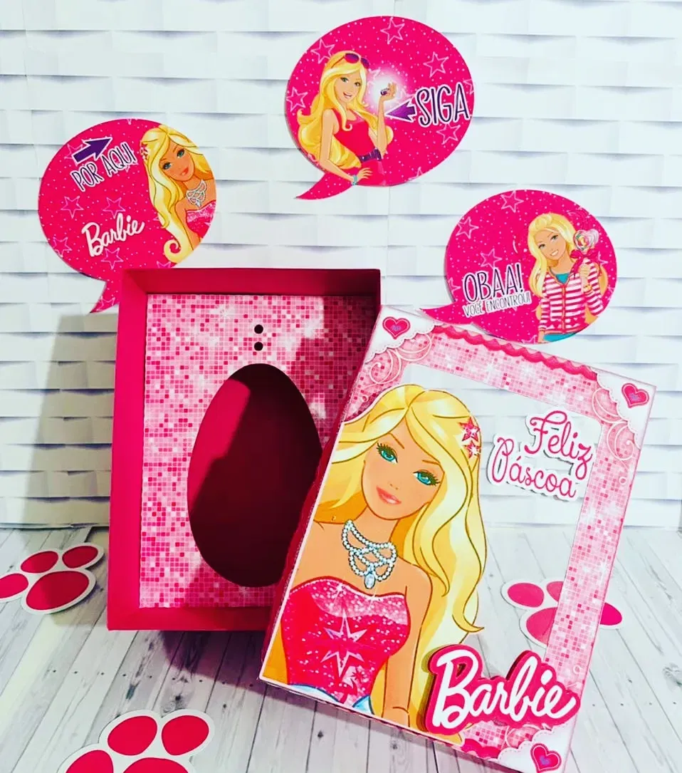 Molde de topo de bolo temático Páscoa da Barbie nos formatos Studio e PDF para impressão em alta resolução e decoração de festas.
