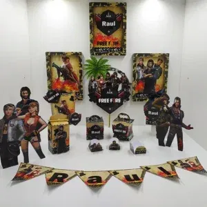 Conjunto de arquivos digitais tema Free Fire para festa infantil para imprimir e recortar nos formatos Studio, PNG e PDF.