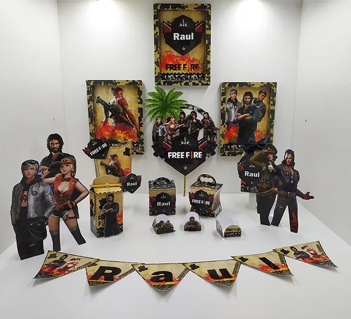 Conjunto de arquivos digitais tema Free Fire para festa infantil para imprimir e recortar nos formatos Studio, PNG e PDF.