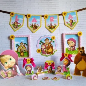 Arquivo de corte digital para enfeites tema Masha e o Urso nos formatos Studio, PNG e PDF para máquinas Silhouette ou tesoura, ideal para decoração de festas infantis.