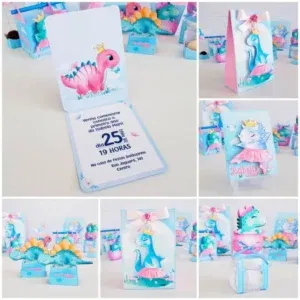 Arquivo de corte digital tema Dinossauro Rosa e Feminino nos formatos Studio e PDF para máquinas Silhouette ou tesoura, ideal para decoração de festas infantis.