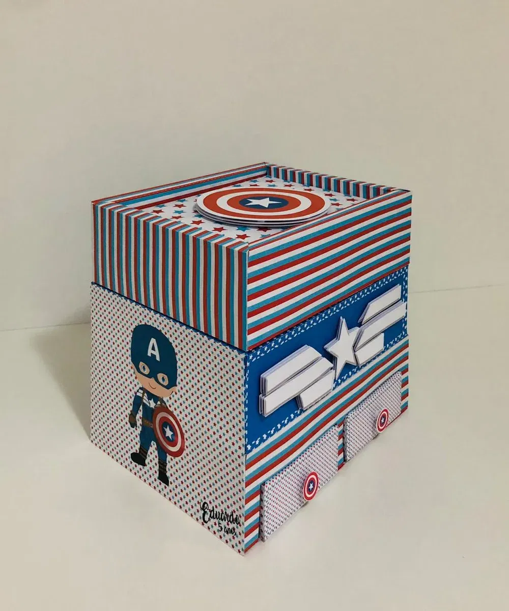 Arquivo de corte digital para itens de festa na caixa e topper tema Capitão América nos formatos Studio e PDF para Silhouette.