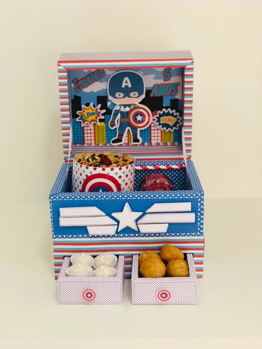 Arquivo digital para festa na caixa tema Capitão América nos formatos Studio e PDF para imprimir e recortar na Silhouette ou tesoura.