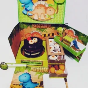 Moldes digitais de kit festa na caixa tema Dinossauros nos formatos Studio e PDF para impressão de alta resolução e personalizados de aniversário.
