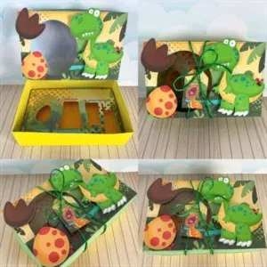 Moldes digitais de maleta mini confeiteiro tema Dinossauros nos formatos Studio, PNG e PDF para impressão de alta resolução e lembrancinhas de festas.