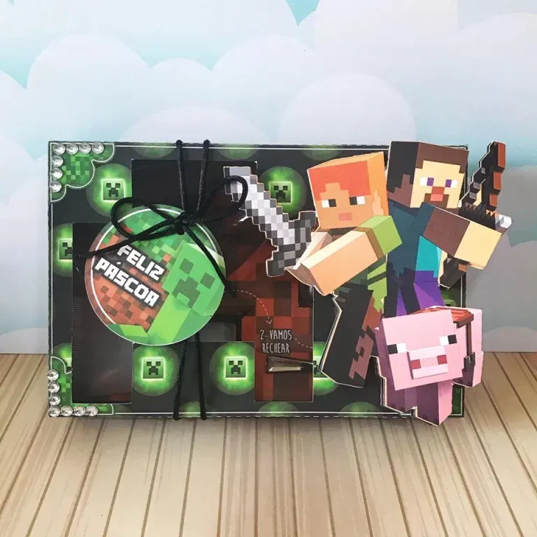 Moldes digitais de caixa mini confeiteiro Minecraft nos formatos Studio e PDF para impressão de alta resolução e decoração de festas de meninos.