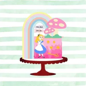 Arquivo de corte digital para topo de bolo tema Alice para editar no formato Studio para máquinas Silhouette, com camadas e nome editável, ideal para decoração de festas infantis.