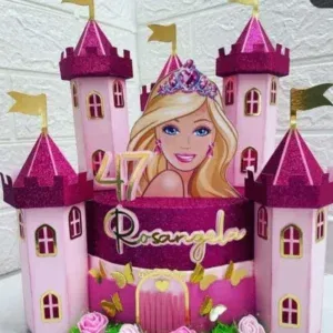 Arquivo digital de topo de bolo 3D da Barbie Castelo no formato Studio para máquinas Silhouette, com camadas para efeito de profundidade em decoração de festas.