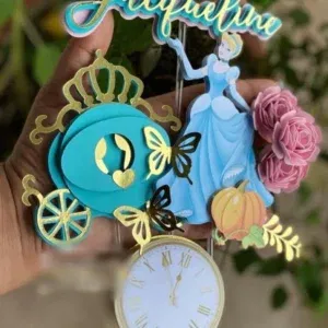 Arquivo digital tema Cinderela Luxo no formato Studio para topo de bolo e topper de princesa para imprimir e recortar na Silhouette.