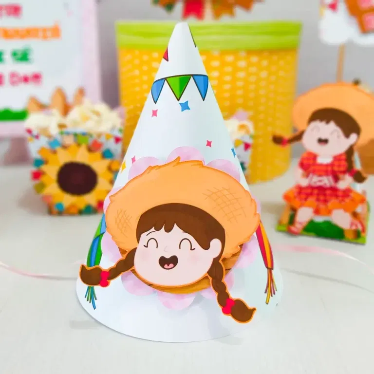 Molde de topo de bolo temático aniversário festa junina nos formatos Studio e PDF para decoração de festas e impressão em alta resolução.