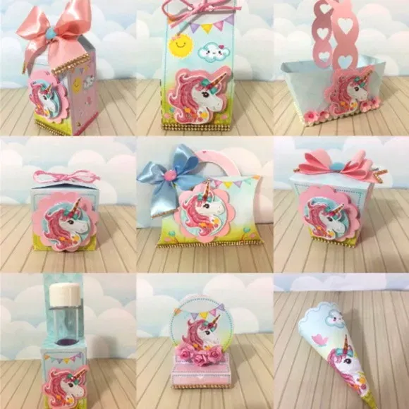 Moldes digitais de decoração para aniversário simples de unicórnio nos formatos Studio e PDF para impressão rápida e personalizados de festas em casa.