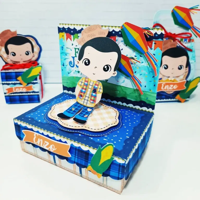 Moldes digitais de recorte tema Festa Junina nos formatos Studio e PDF para Silhouette, com caixas temáticas e enfeites para festas juninas.