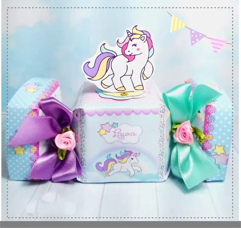 Moldes digitais de recorte tema Unicórnio no formato Studio para Silhouette, ideal para criar caixas e enfeites de festas infantis.