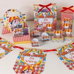 Moldes digitais de decoração para arranjo de mesa de arraiá nos formatos Studio e PDF para impressão de alta resolução e personalizados de festas típicas.