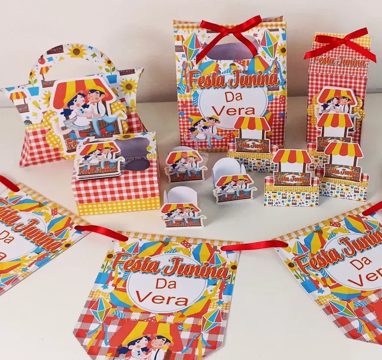 Moldes digitais de decoração para arranjo de mesa de arraiá nos formatos Studio e PDF para impressão de alta resolução e personalizados de festas típicas.