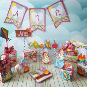 Moldes digitais de decoração para festa junina feminina nos formatos Studio, PNG e PDF para impressão de alta resolução e personalizados de festas delicadas.