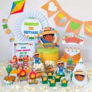 Moldes digitais de decoração para mesversário de arraiá nos formatos Studio e PDF para impressão de alta resolução e personalizados de festas infantis.