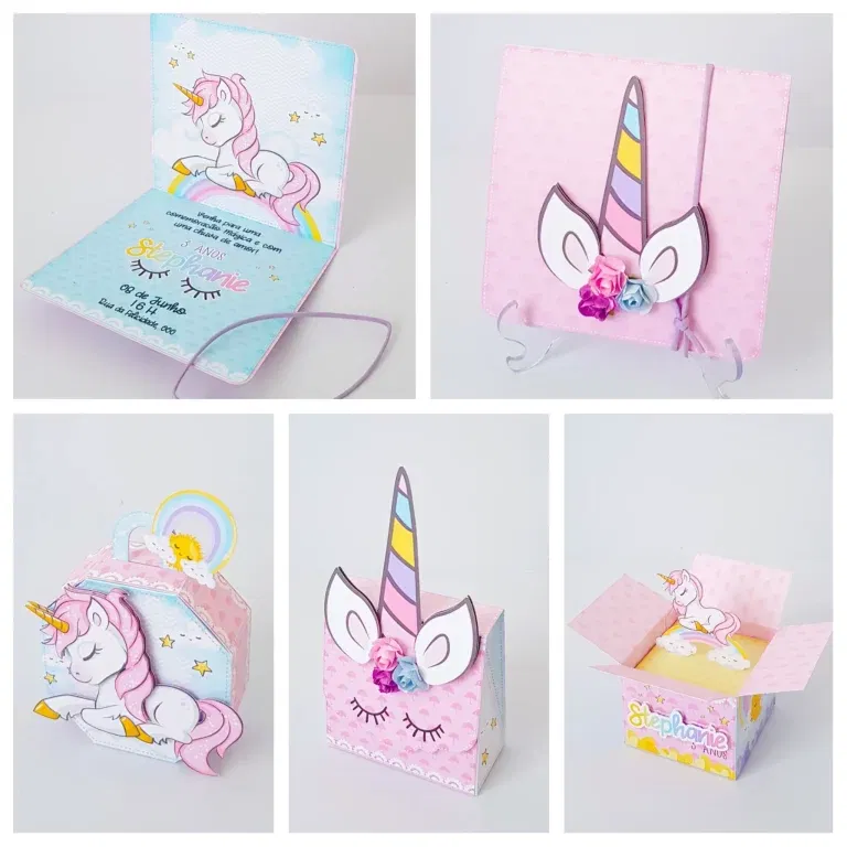 Moldes digitais de decoração para aniversário de unicórnio nos formatos Studio, PNG e PDF para impressão de alta resolução e personalizados de festas infantis.