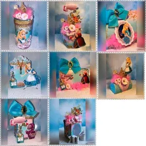 Arquivo de corte digital para decoração de aniversário tema Alice no País das Maravilhas nos formatos Studio e PDF para máquinas Silhouette ou tesoura, ideal para personalizados de luxo.