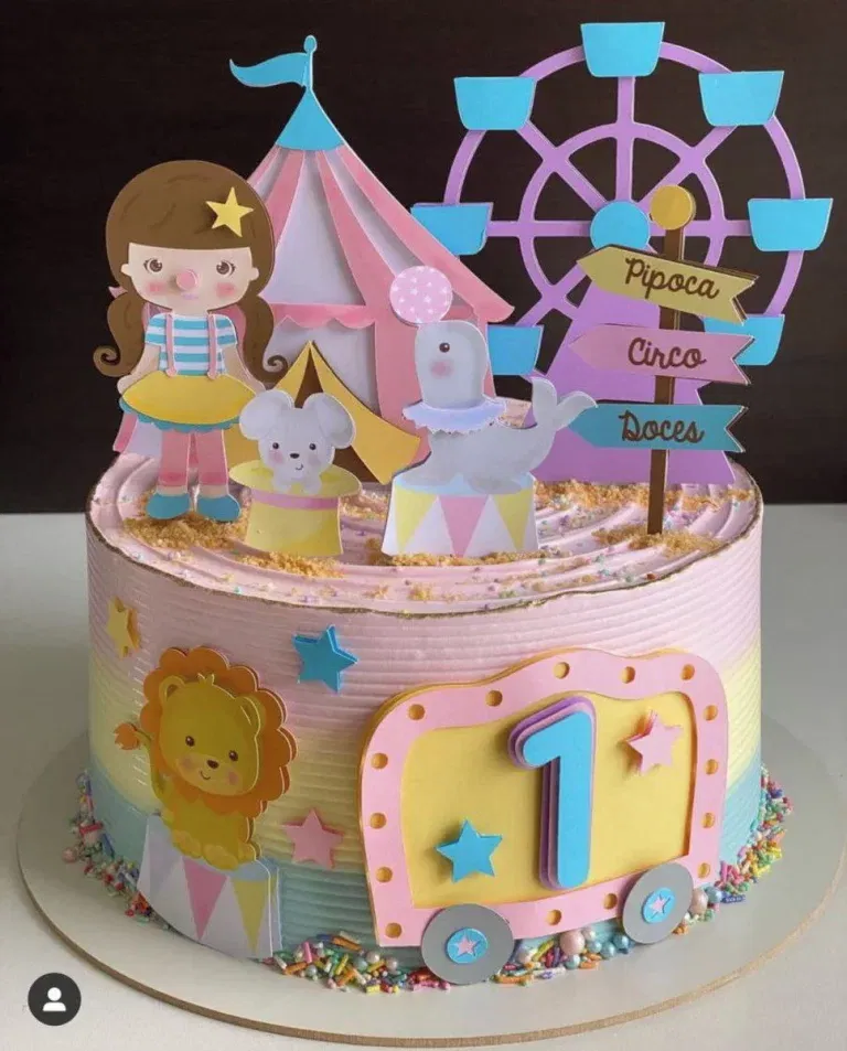 Topo de Bolo Circo Rosa Aquarela Studio
